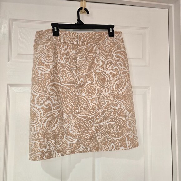 Lands' End Lined Paisley Skirt Cotton Tan White Zip Pockets Size 12 - Picture 4 of 9